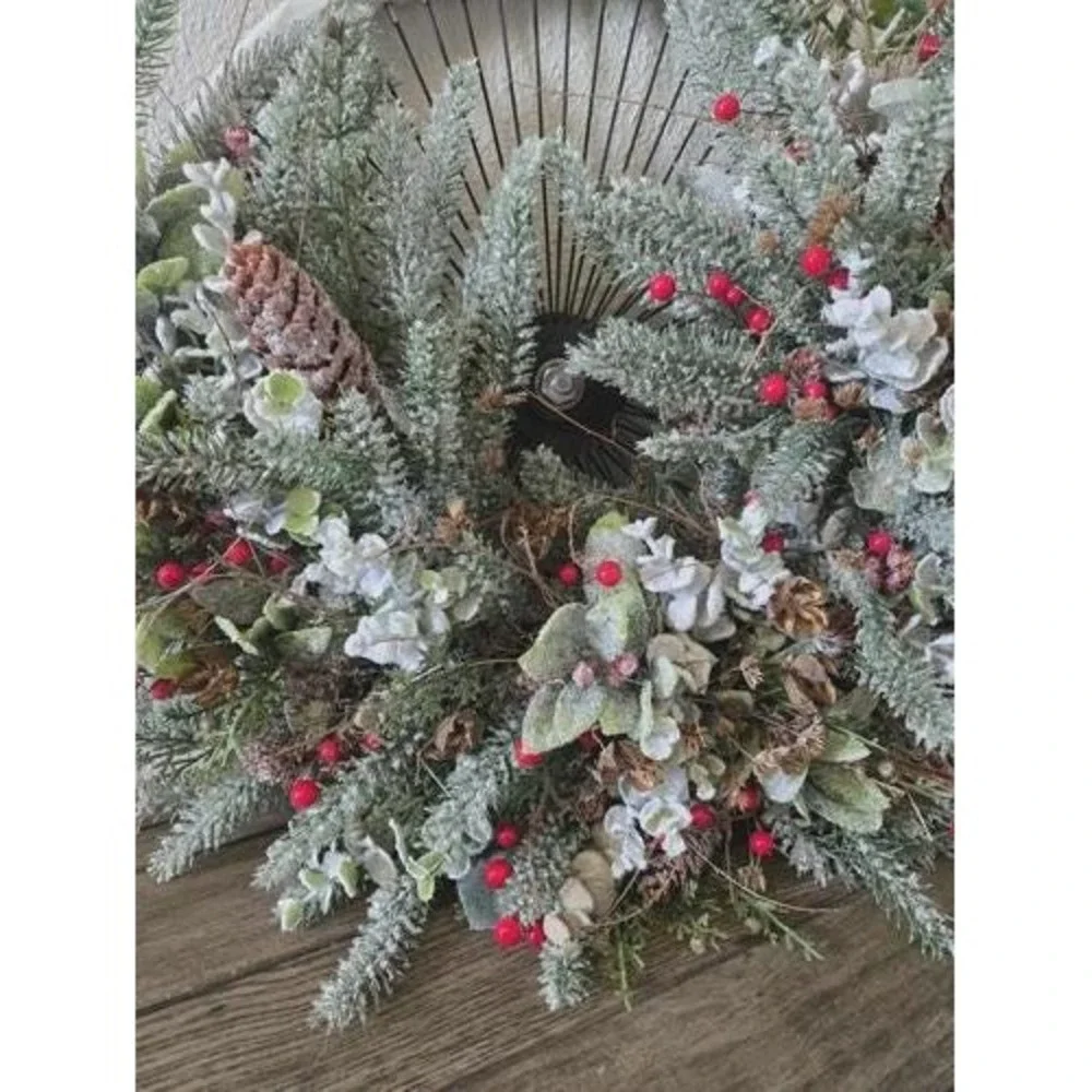 Vintage Bicycle Wheel Christmas Wreath Door Hanger Frosted Glitter Greenery